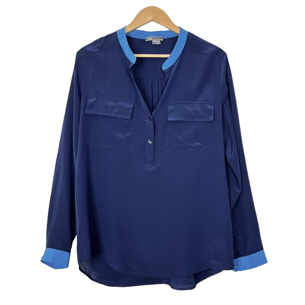 Vince Silk Contrast Split Neck Long Sleeve Popover Blouse - Picture 2 of 9